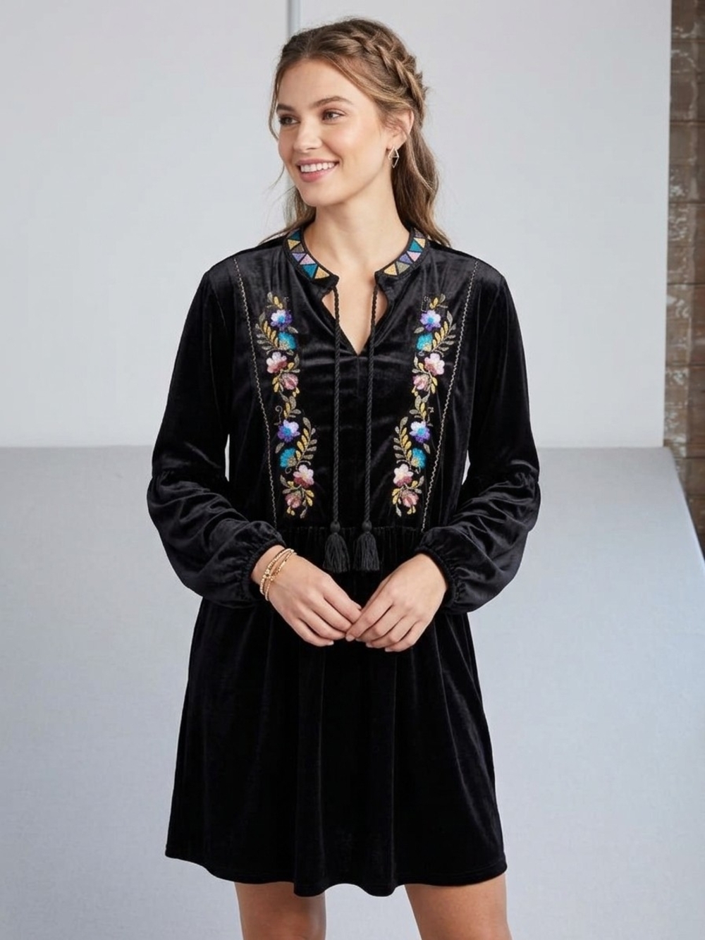 The Pyramid Collection Black Velvet Embroidered Long-Sleeve Mini Dress Or Shirt